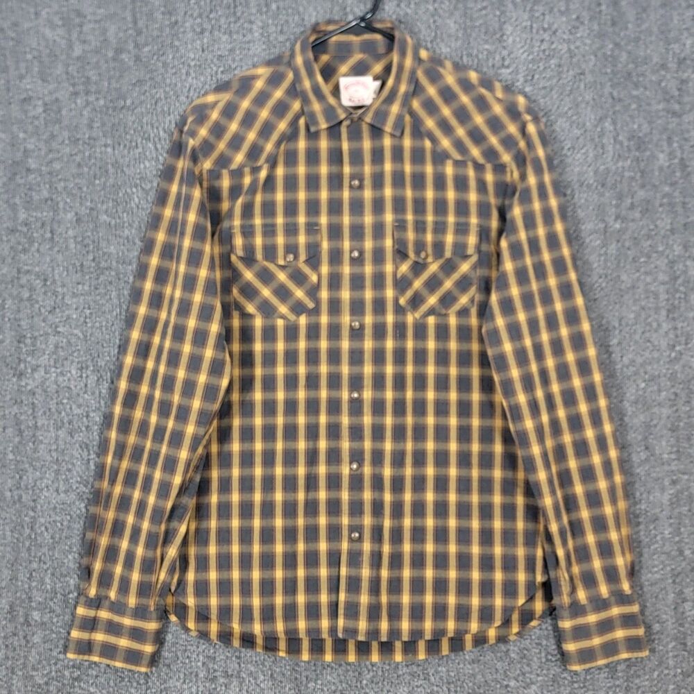 Brooks Brothers Shirt Mens M Yellow Multi-Color Plaid Long Sleeve Pearl Snap